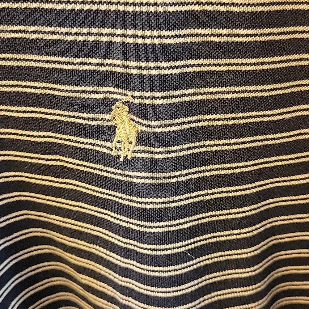 Ralph Lauren Polo Golf black tan striped shirt short slv 100% Pima Cotton L EUC…